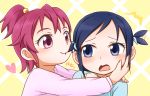  /\/\/\ 2girls aida_mana blue_hair blush bust couple dokidoki!_precure embarrassed hair_in_mouth hand_on_another&#039;s_cheek hand_on_another&#039;s_face happy hishikawa_rikka hug minu mouth_hold multiple_girls pink_hair precure short_hair smile surprised tail tail_wagging young yuri 