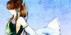  1girl alternate_color armpits ascot azusagawa_shiraki blue_background bow brown_hair closed_eyes detached_sleeves hair_bow hair_tubes hakurei_reimu light_particles long_hair player_2 profile solo touhou 