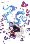  1girl 7th_dragon 7th_dragon_2020 blue_hair closed_eyes floating_hair flower hand_on_own_chest hatsune_miku headphones long_hair solo thigh-highs twintails very_long_hair vialize vocaloid white_background 