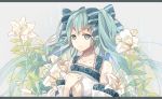  1girl aqua_eyes aqua_hair bow detached_sleeves flower fre hair_bow hands_on_own_chest hatsune_miku highres letterboxed looking_at_viewer solo twintails vocaloid 