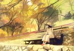  1girl arm_support autumn_leaves bare_shoulders bench black_hair cobblestone gemi guard_rail hat long_hair looking_away original profile sitting solo straw_hat sun_hat tree yellow 