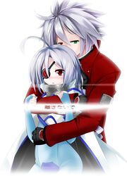  1boy 1girl ahoge art_is_de4d blazblue blush braid bridal_gauntlets cape eyepatch fingerless_gloves gloves green_eyes height_difference heterochromia huge_ahoge long_hair nu-13 ragna_the_bloodedge red_eyes silver_hair single_braid spiky_hair unitard 