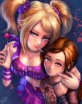  2girls blonde_hair blue_eyes breasts brown_hair candy cheerleader cleavage ellie_(the_last_of_us) juliet_starling lollipop lollipop_chainsaw midriff multiple_girls s_zenith_lee the_last_of_us 