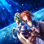  2girls album_cover blue_eyes boat bonnet breasts cleavage cover green_hair hair_bobbles hair_ornament hat kitsune_maru looking_up multiple_girls night night_sky onozuka_komachi pipe red_eyes redhead scroll shiki_eiki short_hair sky star_(sky) starry_sky touhou twintails water 