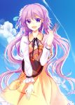  1girl chain clouds flower hair_flower hair_ornament highres instrument kirame_kirai long_hair lute_(instrument) musical_note open_mouth playing_instrument purple_hair ribbon sky solo touhou tsukumo_benben violet_eyes 