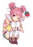  1girl :q bare_shoulders boots double_bun earrings elf food food_themed_clothes fruit gloves hair_ornament jewelry kaguyuzu knees_on_chest leg_hug long_hair original pink_hair pointy_ears smile solo squatting strawberry thighhighs tongue v violet_eyes white_gloves white_legwear wink 