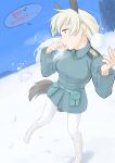  blue_sky boots collared_shirt falling grey_hair military military_uniform outdoors pantyhose pocket pouch rikizo sky snow snowball strike_witches tongue tongue_out translation_request uniform violet_eyes winter 