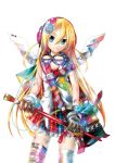  1girl bag blonde_hair blue_eyes gloves goggles goggles_around_neck hair_ornament kei_(keigarou) lily_(vocaloid) long_hair mini_wings mismatched_legwear musical_note paintbrush pins plaid plaid_skirt satchel skirt sleeveless smile solo thighhighs very_long_hair vocaloid 