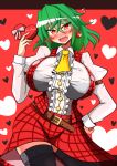  1girl ascot black_legwear blush box breasts chocolate chocolate_heart earrings fangs floral_print flying_sweatdrops gift gift_box green_hair head_wings heart highres jewelry kazami_yuuka large_breasts open_clothes open_mouth open_vest red_eyes rindou_(p41neko) shirt skirt skirt_set smile solo thigh-highs touhou valentine vest zettai_ryouiki 