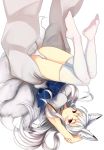  1girl animal_ears armpits fox_ears fox_tail japanese_clothes long_hair looking_at_viewer multiple_tails nosuku original panties red_eyes simple_background smile solo tail thighhighs underwear upside-down white_background white_hair white_legwear white_panties 