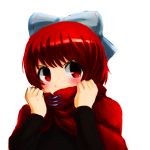  1girl bangs blush bow bust clothes_grab covering_mouth hair_bow long_sleeves red_eyes redhead ryo02055 sekibanki short_hair shy side_glance touhou white_background 