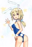  1girl ameya_shioichi animal_ears ass blonde_hair bunny_tail bunnysuit charlotte_dunois detached_collar highres infinite_stratos long_hair rabbit_ears ribbon tail violet_eyes waving wrist_cuffs 