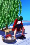   1girl barefoot bench blue_sky bow bucket cape fan food fruit hair_bow highres in_bucket in_container kansuke_(bubuduke) long_sleeves red_eyes redhead sekibanki severed_head shirt shoes_removed sitting skirt sky socks_removed solo sweat touhou tree water watermelon 