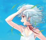  1girl bare_arms bare_shoulders blue_background blue_eyes collarbone dress earrings hand_in_hair jewelry leaf masao open_mouth original profile ribbon_choker silver_hair sleeveless sleeveless_dress solo white_dress wind 