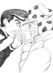  2boys beard bud_(korovsme) facial_hair father_and_son gakuran glasses graphite_(medium) hat higashikata_jousuke jojo_no_kimyou_na_bouken joseph_joestar monochrome multiple_boys old pointing pompadour school_uniform traditional_media 