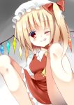  1girl :q blonde_hair blush flandre_scarlet hat red_eyes side_ponytail solo stigma1101 tongue tongue_out touhou wings wink 