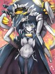  1girl bodysuit breasts cape clothed_navel corn eating gloves highres kantai_collection monster pale_skin saliva shinkaisei-kan silver_hair solo taishi_(artist) tongue wo-class_(kantai_collection) yellow_eyes 