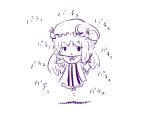  1girl :x capelet chibi crescent dress floating fuugetsu_oreha_ikiru hair_ribbon hat_ornament long_hair long_sleeves low-tied_long_hair mob_cap monochrome patchouli_knowledge payot ribbon simple_background solo striped striped_dress the_embodiment_of_scarlet_devil touhou translation_request tress_ribbon vertical_stripes very_long_hair waving_arms white_background 