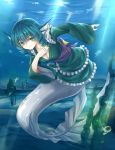 1girl breasts cheungchz cleavage curly_hair green_eyes green_hair hand_on_own_chest head_fins highres japanese_clothes mermaid monster_girl plant smile solo sunbeam sunlight touhou underwater wakasagihime 