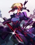  1girl armor armored_dress blonde_hair dark_excalibur dress fate/stay_night fate_(series) faulds nemu_(masa1080) red_eyes saber saber_alter solo sword visor weapon 