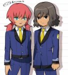  2boys blue_eyes brown_eyes brown_hair cosplay danball_senki_wars inazuma_eleven_(series) inazuma_eleven_go kirino_ranmaru male mizuhara_aki multiple_boys necktie pink_hair shindou_takuto twintails uniform 