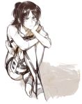  1girl annoyed barefoot chin_rest eren_jaeger genderswap lechuza ponytail shingeki_no_kyojin short_hair short_ponytail sitting solo three-dimensional_maneuver_gear 