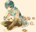  1boy blue_eyes blue_hair food headset ice_cream kaito scarf short_hair solo sorasuke_(akane) spoon vocaloid 