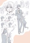  1boy 1girl :d ^_^ blush closed_eyes comic flying_sweatdrops hair_between_eyes height_difference jumping monochrome necktie o_o open_mouth original pantyhose reaching sailor_dress shoes short_hair smile sweater tibimimi translation_request uwabaki 