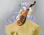  1girl chain eechee grey_background hair_ornament instrument long_hair lute_(instrument) musical_note open_mouth purple_hair solo touhou tsukumo_benben violet_eyes 