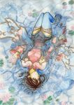 1girl alternate_costume blue_legwear brown_eyes brown_hair chai_xianghua emelina_vasquez_solar flower highres looking_at_viewer lying on_back partially_submerged short_hair solo soulcalibur soulcalibur_iv sword traditional_media water weapon 