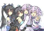  4girls bare_shoulders black_hair blush choujigen_game_neptune detached_sleeves hair_ornament highres hug long_hair long_sleeves looking_at_viewer multiple_girls nepgear neptune_(choujigen_game_neptune) noire north_abyssor pointing pointing_at_viewer purple_hair red_eyes revision rough siblings simple_background sisters smile twintails uni_(choujigen_game_neptune) v violet_eyes white_background 