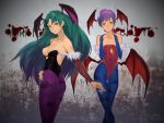  2girls bare_shoulders bat_wings breasts bridal_gauntlets cleavage demon_girl denchuu_akira elbow_gloves gloves green_eyes green_hair head_wings large_breasts leotard lilith_aensland long_hair morrigan_aensland multiple_girls pantyhose print_legwear purple_hair red_eyes short_hair steepled_fingers succubus vampire_(game) wings 