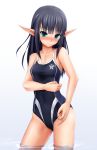  1girl adjusting_clothes adjusting_swimsuit bare_shoulders black_hair blue_eyes blush character_request clothed_navel eto green_eyes highres long_hair looking_at_viewer one-piece_swimsuit phantasy_star phantasy_star_online_2 pointy_ears simple_background smile solo swimsuit water white_background wiola_magica 