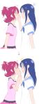  /\/\/\ 2girls aida_mana blue_hair blush couple covering_mouth directional_arrow dokidoki!_precure eye_contact hand_on_another&#039;s_face highres hishikawa_rikka holding_hands licking long_hair looking_at_another minu multiple_girls pink_hair precure profile resisting short_hair simple_background tongue white_background wrist_grab yuri 