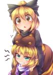  2girls :o annoyed blonde_hair blush bow breast_rest breasts breasts_on_head dress fun_bo green_eyes hair_bow kurodani_yamame large_breasts mizuhashi_parsee multiple_girls open_mouth pointy_ears short_hair symbol-shaped_pupils touhou white_background yellow_eyes 