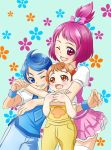 1girl 2boys ahoge blonde_hair blue-fin blue_eyes blue_hair dokidoki!_precure hair_ornament half_updo happy heart looking_at_viewer multiple_boys open_mouth personification pink_eyes pink_hair precure rakeru_(dokidoki!_precure) rance_(dokidoki!_precure) sharuru_(dokidoki!_precure) shirt short_hair skirt smile wink yellow_eyes 
