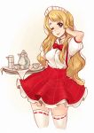  1girl ;p blonde_hair blue_eyes bowtie breasts eyebrows headdress k-on! kotobuki_tsumugi lace-up_thighhighs long_hair skirt solo suspenders teapot thick_eyebrows thighhighs tongue tray waitress waitress_uniform white_legwear wink x-arielle zettai_ryouiki 