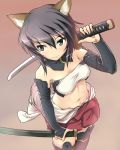  1girl animal_ears armor black_eyes blush breasts brown_hair hi-ho- navel original short_hair skirt solo sword weapon 