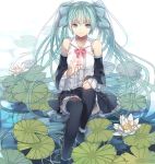  1girl aqua_hair blue_eyes bowtie detached_sleeves feet_in_water fre hair_ribbon hatsune_miku highres lily_pad long_hair musical_note ribbon sitting skirt soaking_feet solo thighhighs twintails very_long_hair vocaloid water 