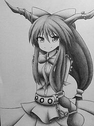  1girl arms_behind_back belt bow bowtie chain flat_chest gourd graphite_(medium) hair_bow higurashi999 horn_ribbon horns ibuki_suika long_hair low-tied_long_hair ribbon skirt smile solo touhou traditional_media 