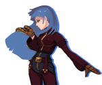  1girl belt_buckle blowing blue_hair bodysuit breasts chaps cropped_jacket gloves king_of_fighters kula_diamond long_hair red_eyes solo steward_b 