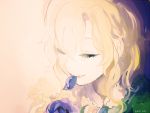  1girl blonde_hair blue_rose flower ib mary_(ib) petals rose solo souno_kazuki 