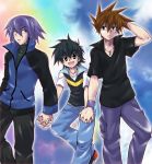  3boys black_hair brown_eyes brown_hair green_eyes hibaring holding_hands male multiple_boys ookido_shigeru pokemon pokemon_(anime) purple_hair satoshi_(pokemon) shinji_(pokemon) short_hair violet_eyes yaoi 