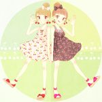  2girls :q brown_hair cherry dress earrings food food_themed_clothes fruit hair_bun hair_ribbon holding_hands jewelry multiple_girls original ribbon sandals short_hair siblings smile toenail_polish tongue twins 