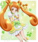  1girl boots bow choker clover cure_rosetta dokidoki!_precure double_bun earrings flower hair_flower hair_ornament hair_ribbon hands_together heart highres jewelry knee_boots long_hair looking_at_viewer magical_girl mzhzn orange_eyes orange_hair precure rance_(dokidoki!_precure) ribbon skirt smile solo sparkle twintails wrist_cuffs yotsuba_alice 