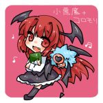 1girl book character_name chibi head_wings koakuma long_hair looking_at_viewer lowres musical_note open_mouth pokemon pokemon_(creature) red_eyes redhead simple_background tail takamura touhou very_long_hair wings woobat
