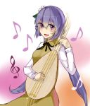  ariadoszz hair_ornament instrument long_hair lute_(instrument) musical_note open_mouth playing_instrument purple_hair touhou tsukumo_benben twintails violet_eyes 