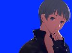  1boy blue_background blue_eyes free! grey_hair jacket male mole nitori_aaichirou short_hair simple_background solo 