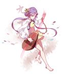  1girl barefoot hair_ornament highres instrument long_hair long_sleeves looking_at_viewer luckyia lute_(instrument) musical_note playing_instrument purple_hair simple_background smile solo touhou tsukumo_benben twintails violet_eyes 