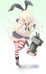  1girl anchor black_panties blonde_hair blush elbow_gloves gloves hairband hand_on_hip highres ishikkoro kantai_collection long_hair looking_at_viewer navel panties personification rensouhou-chan shimakaze_(kantai_collection) skirt solo striped striped_legwear thighhighs underwear v white_gloves wink 